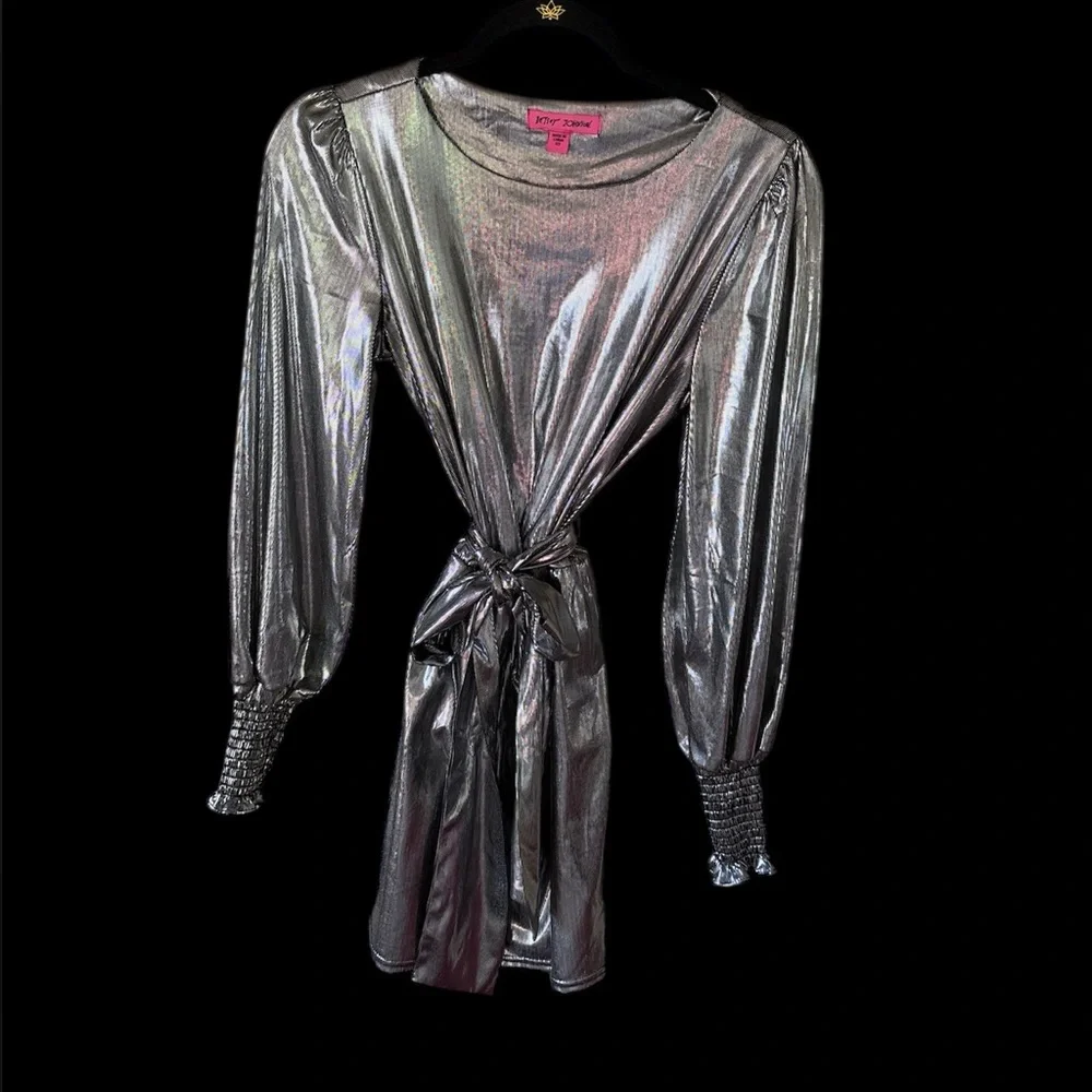 Betsey Johnson Shiny Silver Long Sleeve mini Dress belted waist XS